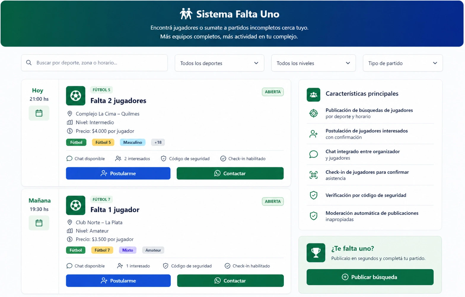 Sistema Falta Uno para completar equipos