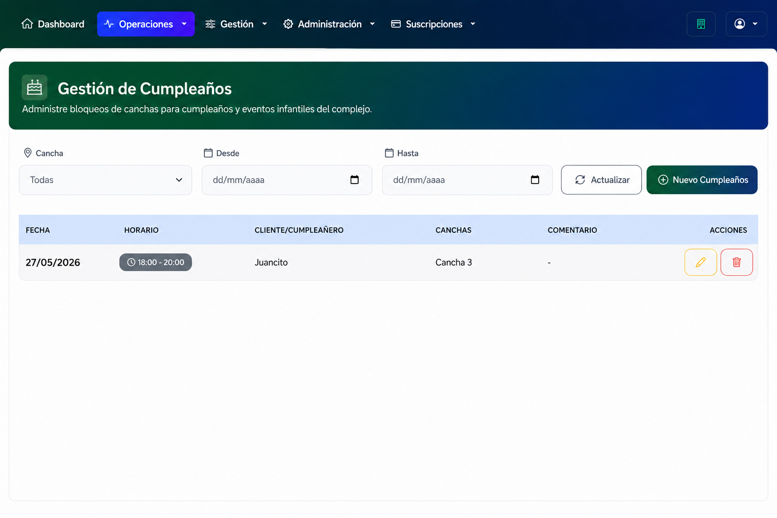 Gestión de cumpleaños y eventos infantiles